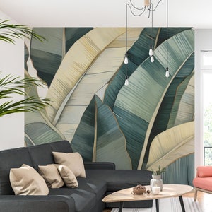 Muted Palm Leaf Wallpaper | Neutral Tropical Wall Mural, Eco-Friendly Peel and Stick Décor • Peel and Stick • Self Adhesive • Vinyl Material