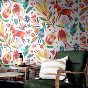 Bright Otomi Floral Wallpaper - Mexican Folk Art Pattern Mural for Vibrant Spaces • Peel and Stick • Self Adhesive • Vinyl Material
