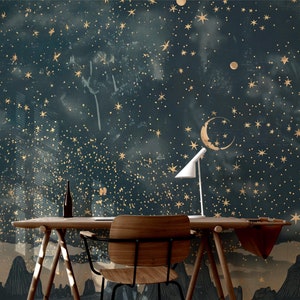 Mystical Starry Night Wall Mural – Dark and Gold Peel-and-Stick Wallpaper • Peel and Stick • Self Adhesive • Vinyl Material