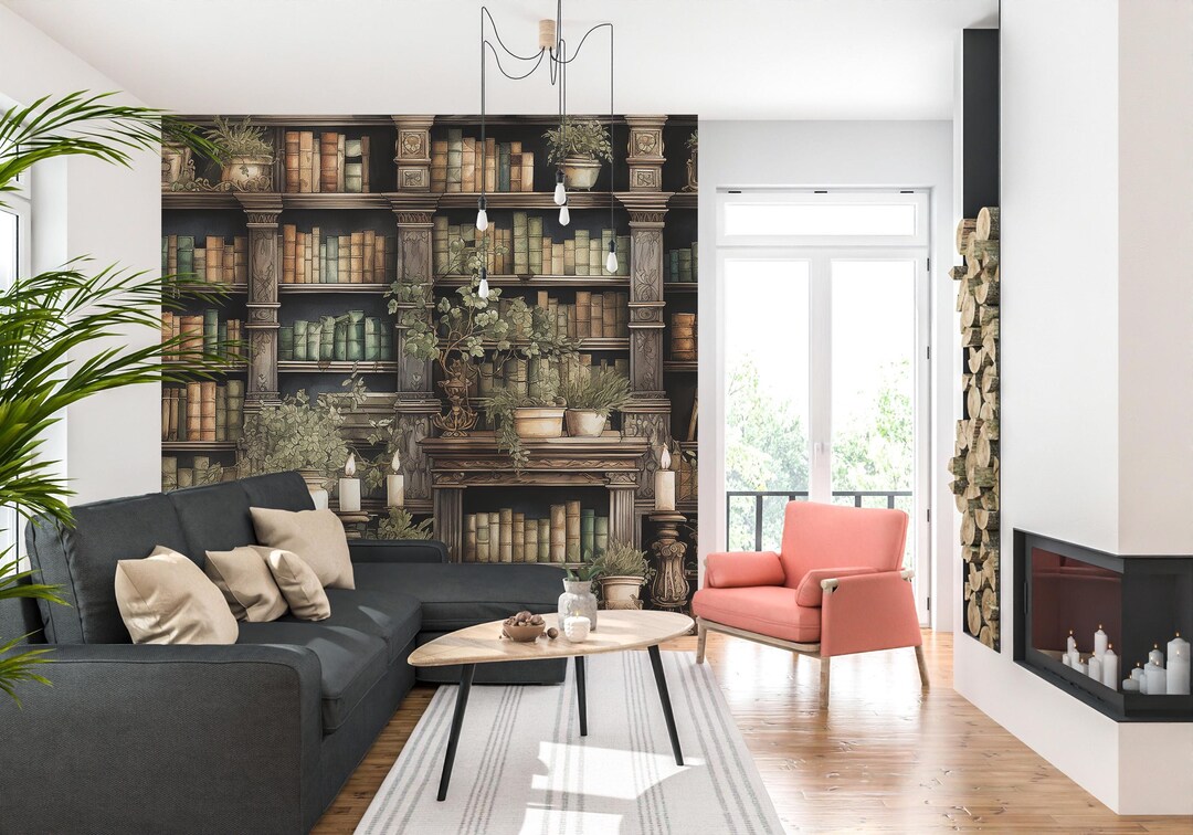 Bookshelf Mural – Rustic Library, Peel and Stick Wallpaper - Etsy