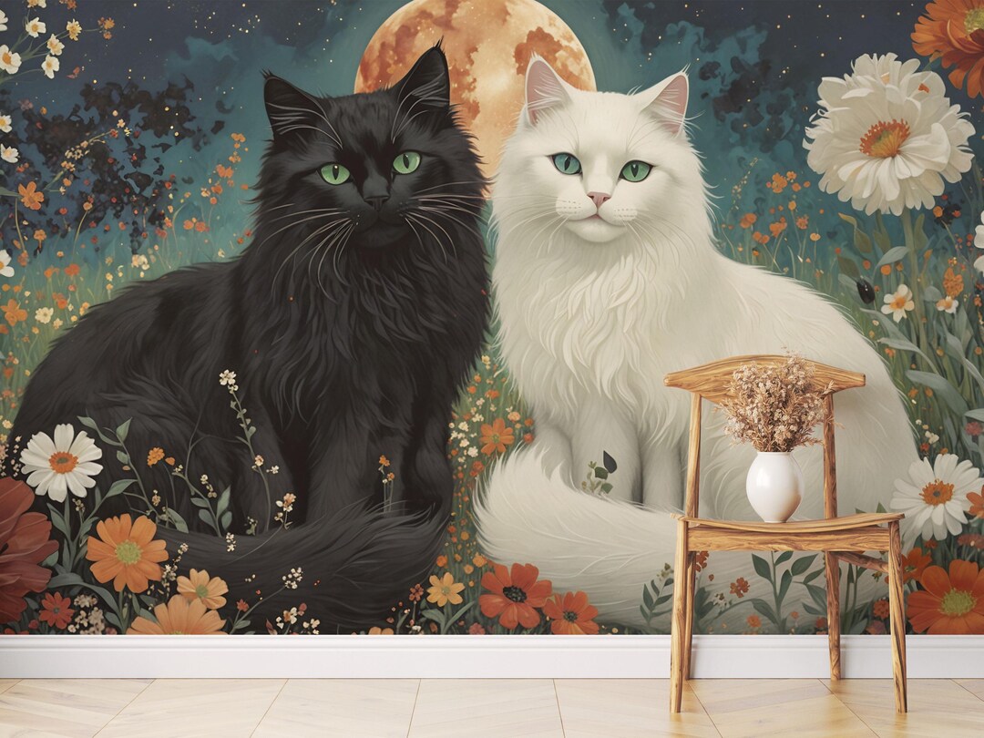 Floral Cats Mural, Whimsical Peel and Stick Wallpaper - Etsy