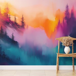 Vivid Sunset Mountain Wallpaper – Abstract Forest Mural, Peel and Stick