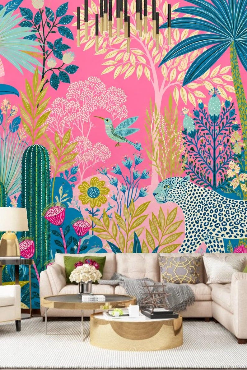 Stickman Humming Pink Jungle Parade Wallpaper – Pink Leopard & Palm and Hummingbird ...