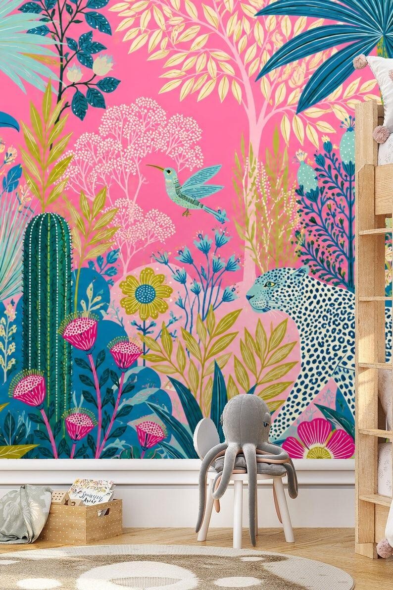 Stickman Humming Pink Jungle Parade Wallpaper – Pink Leopard & Palm and Hummingbird ...