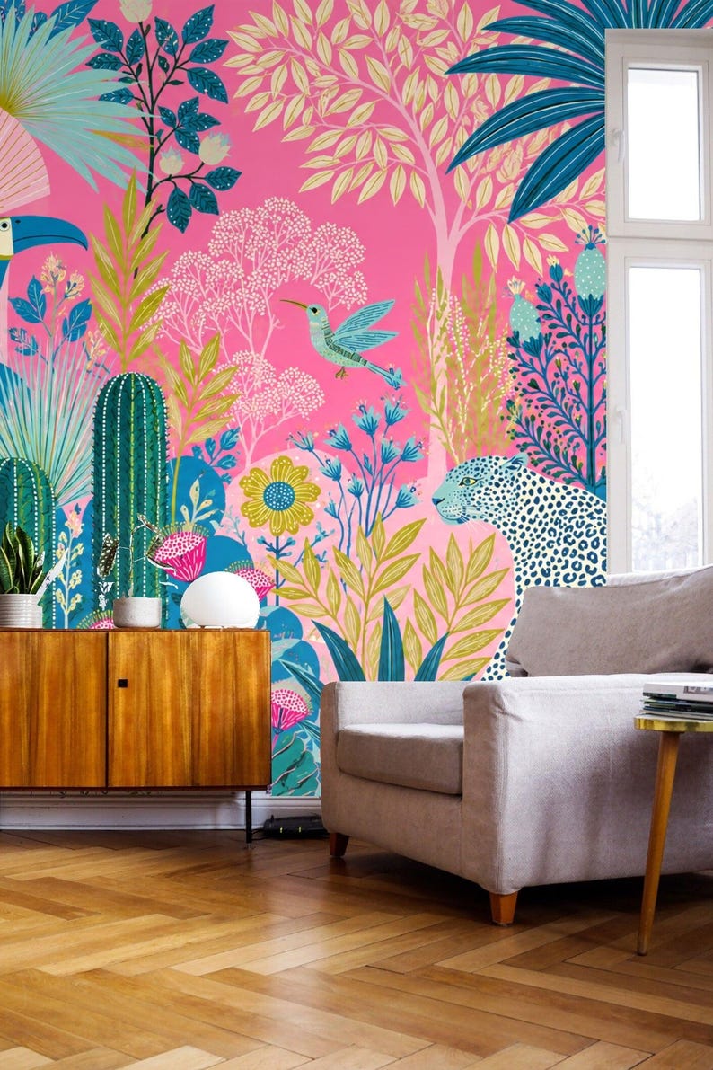 Stickman Humming Pink Jungle Parade Wallpaper – Pink Leopard & Palm and Hummingbird ...