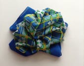 Vintage Silk Scarf, Retro Scarf. Blue Flowered Scarf, Check Scarf, Silk Scarf Gift for Mom.