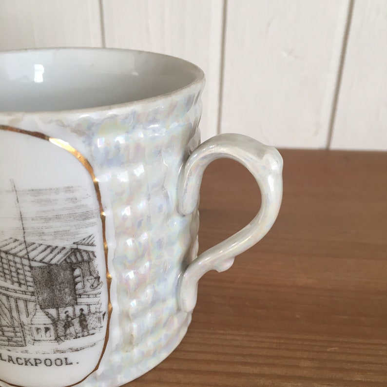 Collectible Vintage 1930s Small Pearlised Souvenir of Blackpool Mug