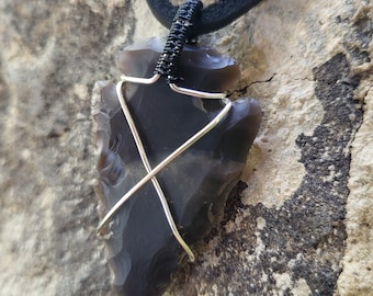 Black wire wrapped arrowhead necklace with black leather cord - 16" long