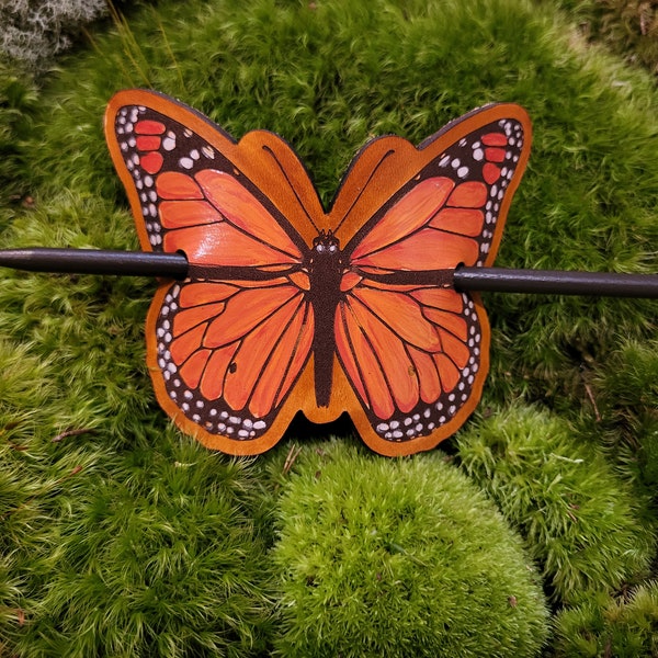 Painted leather monarch butterfly hair stick
