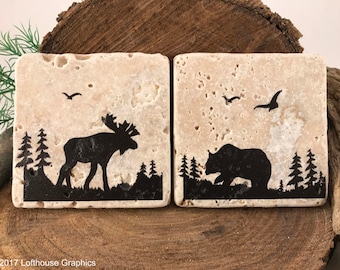 Moose Bear Pair! Travertine stone coaster 4 pack