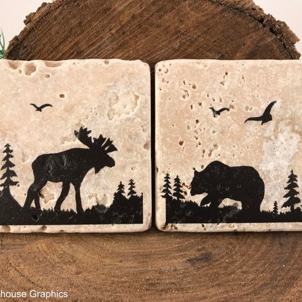 Moose Bear Pair! Travertine stone coaster 2 pack