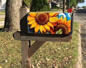 Stained Glass Sunflowers Mailbox Wrap, Mailbox Cover