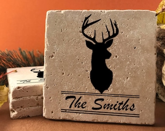 Personalized Buck Mount, Travertine 4 Coaster Set