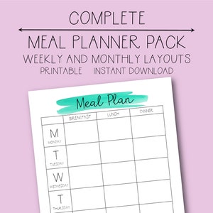 May include: A printable weekly meal planner with a teal watercolour background. The planner is divided into three columns for breakfast, lunch, and dinner. Each day of the week is listed on the left side of the planner.