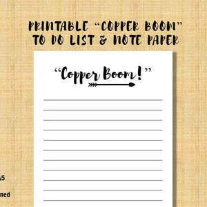 May include: A collection of printable to-do lists and note paper with the text "Copper Boom!" in a handwritten style. The design includes lined pages and check boxes, available in US Letter, A4, and A5 sizes. The overall theme is inspired by Gilmore Girls.