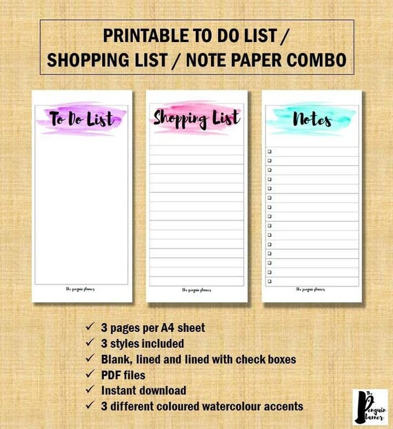 Printable To Do List Shopping List And Note Paper Combo Etsy