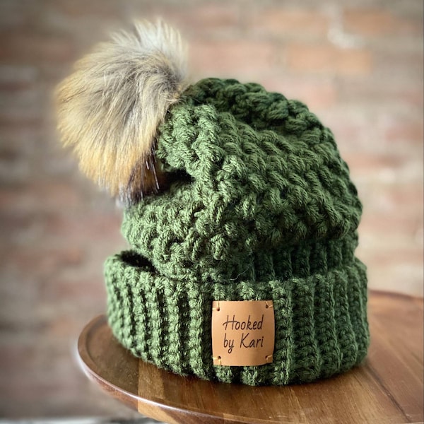 Slouchy Puff Stitch Beanie Hat w/ Pom Pom - CUSTOM