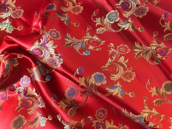 Chinese satin brocade in Red /& Gold Tibetan flower brocade ONE yard of bright red satin brocade fabric 1 yd. Chinese brocade