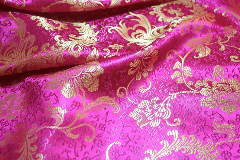 Chinese brocade in Hot Pink & Gold ONE yard of pink satin | Etsy