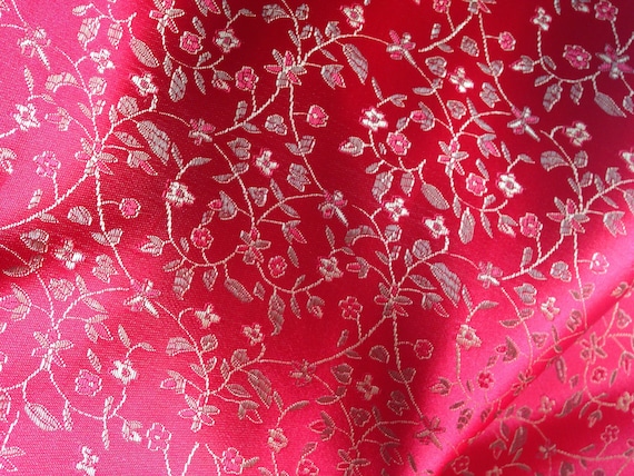 Chinese satin brocade in Red /& Gold Tibetan flower brocade ONE yard of bright red satin brocade fabric 1 yd. Chinese brocade