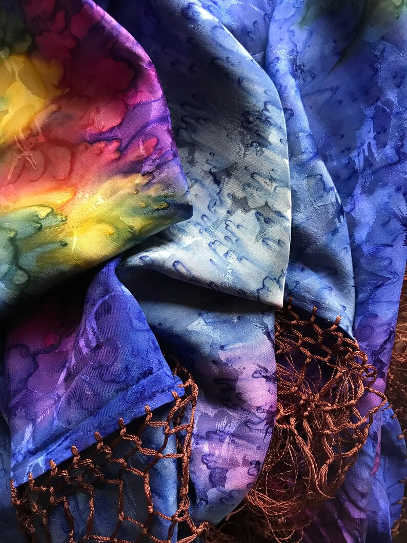 Large Chinese Silk Scarf Shawl Wrap With Fringe Marbled Watermark Hand ...