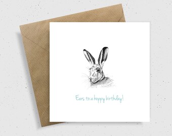 Hare greeting card, hare card, hare birthday card, card for hare lover, hare artist card, hare illustration, personalised card.