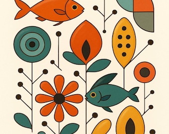 Mid-Century Modern Abstract Floral Wall Art Print – Retro Geometric Fish Botanical Design colorful | Digital Download JPG + PDF | Print Art