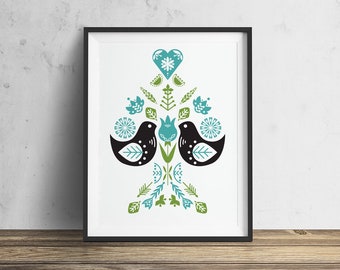 Bird Folk Art INSTANT DOWNLOAD  Forest, Nature Print, Downloadable - Original Illustration Fine Art Quality Print 4 DOLLARS Printable diy