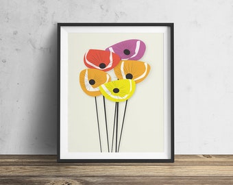 Imprimé floral Mid-Century moderne : illustration de fleurs colorées (téléchargement numérique)