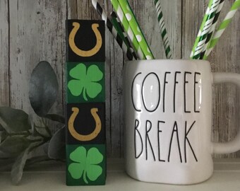 St. Patrick's Day Stack-able Wooden Blocks, Tiered Tray Decor, Mini Block Set, Shamrocks, Lucky Horseshoe, Farmhouse Decor, Shelf Decor