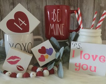 Valentines Day Decor, Tiered Tray Valentines Blocks, Tiered Tray Signs, February 14, Farmhouse Decor, Shelf Decor, Conversation Hearts