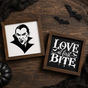 May include: Two square wooden frames containing wall art. One frame features a black and white illustration of a vampire with fangs. The other frame has a black background with the white text "LOVE at first BITE" and small bat silhouettes.