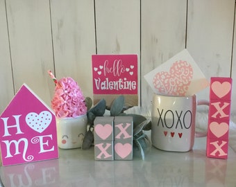 Valentines Tiered Tray Signs, Valentines Day Decor, Stackable Valentines Mini Blocks, Farmhouse Decor, Valentines Day Gift, Hello Valentine