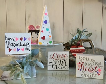 Valentines Day Tiered Tray Decor, Valentine Hearts, Mini Tiered Tray Signs,  February 14, Farmhouse Signs, Cupid, Love My Tribe Sign