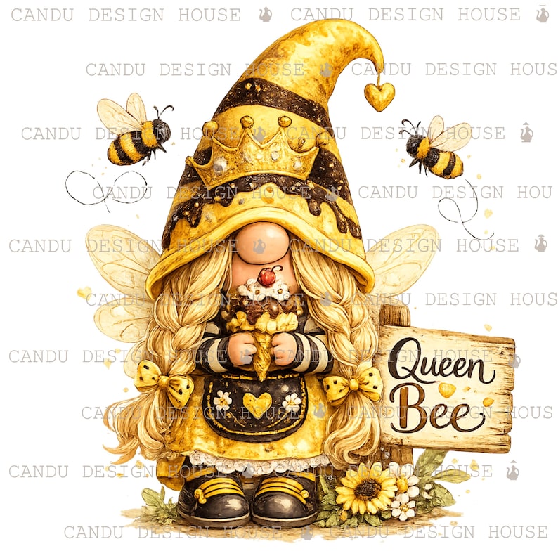 May include: A gnome illustration featuring a yellow and black striped hat with a crown, long blonde hair, and fairy wings. The gnome holds an ice cream cone, flanked by two bees and a wooden sign with the text Queen Bee, with sunflowers below.