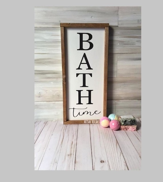 Bath Time Wood Sign Bathroom Wall Decor Wash Room Framed Sign Powder Room Farmhouse Shabby Chic Decor Rustic Sign