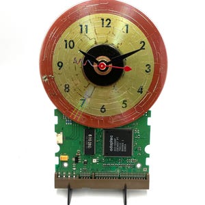 Upcycled Circuit Board CD Clock, Gold Tone Face, Tech Desk Art