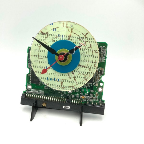 Vintage punched Computer Punch Card on mini CD on circuit board clock,  circuit boards and cards will vary, easel stand & AA  included.