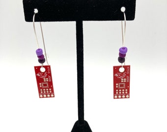 Red Circuit Board earrings, fun light weight dangles, nickel free self closing ear wires and mesh gift bag included