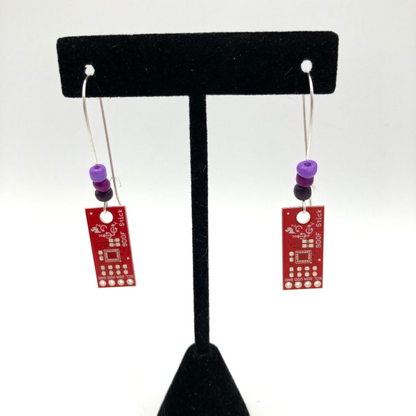 Red Circuit Board earrings, fun light weight dangles, nickel free self closing ear wires and mesh gift bag included