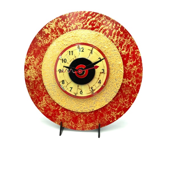 Flower Time hand painted Vintage 45 record and CDs clock, wall or shelf display, AA and easel stand included