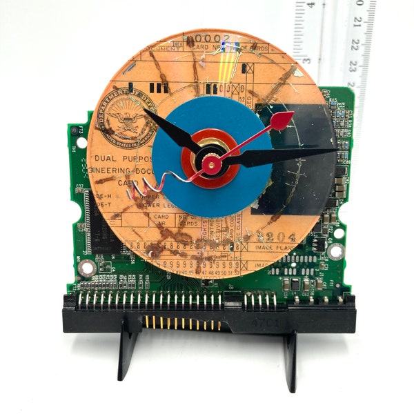 DOD Vintage punched  dual engineering card  (salmon color) on mini CD circuit board clock,  boards & cards will vary, stand,  AA  included.