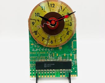 Upcycled Circuit Board Desk Clock: Gold CD Face Tech Art