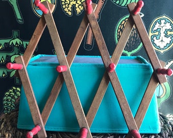 Vintage red primitive wooden folding peg accordion rack for rustic mudroom or jewelry organizer