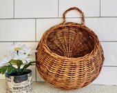 Vintage hanging wall basket for plants or mail. Retro rustic primitive woven wicker planter wall pocket made of twigs vine, plant lady gift