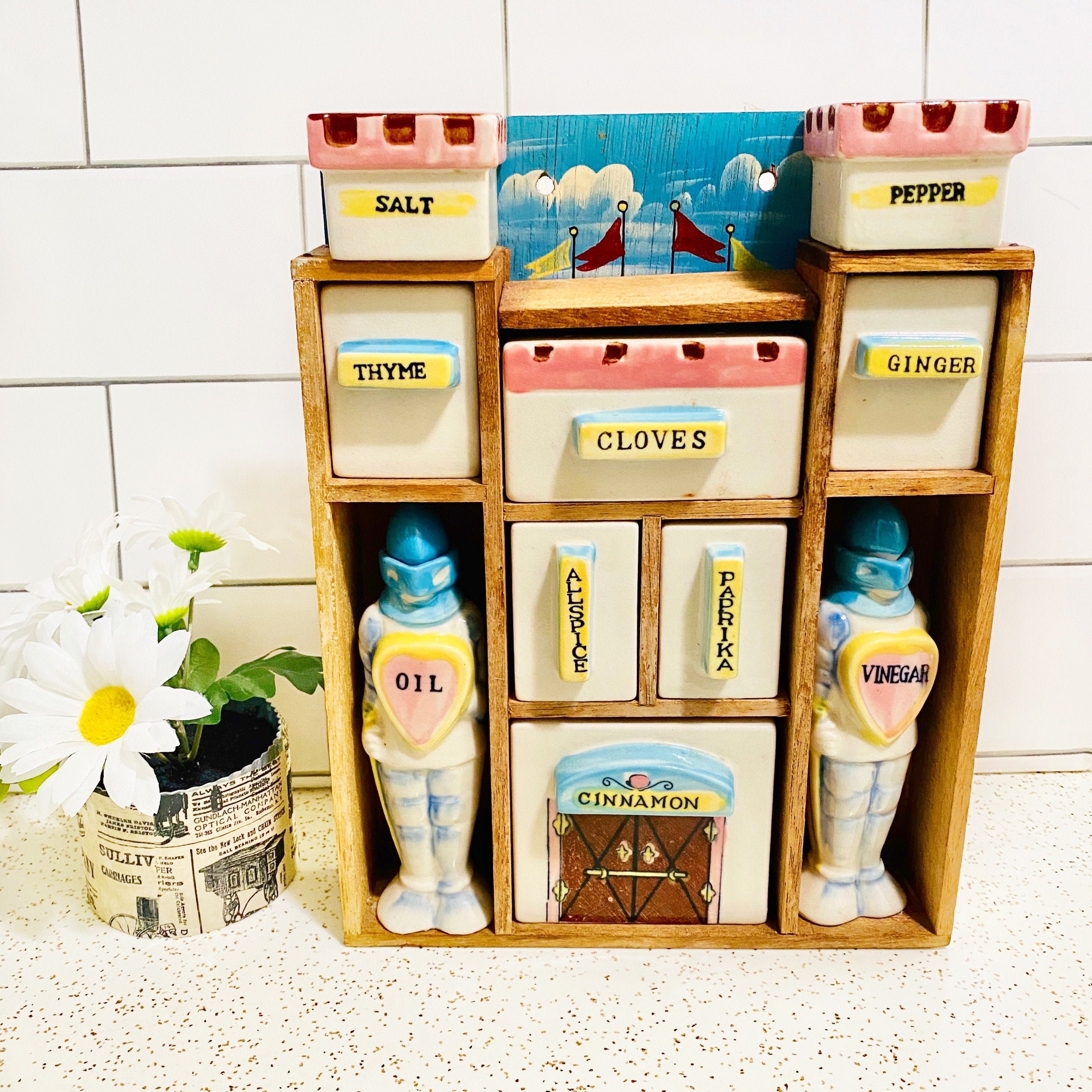 Vintage Castle Spice Rack Set. Unique Rare 11 Piece Salt and Pepper Spice Shaker Oil and Vinegar Set With Yellow Pink Blue Medieval Theme Etsy Australia