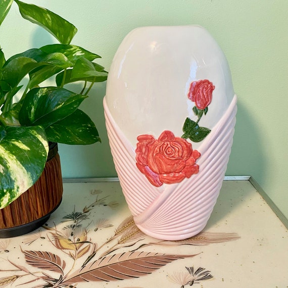 Vintage Rose Art Deco Style Vase. 1980s Tall Pink and White Etsy