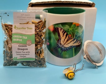 Butterfly Mug with Bee Charm Tea Ball Infuser and Green Tea Sample Bag