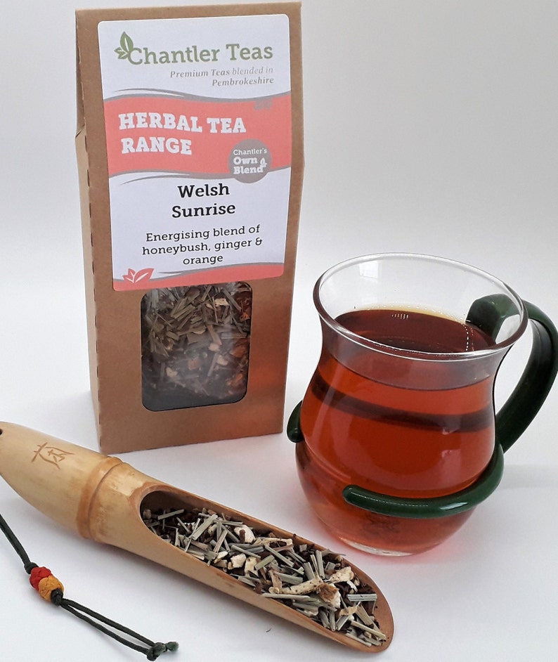 Welsh Sunrise loose leaf herbal tea, 80g Retail Box, honeybush and orange with ginger and lemongrass tea image 7