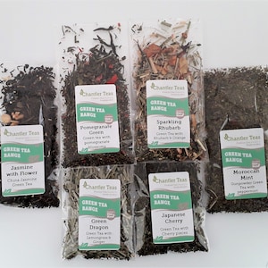 Green Loose leaf Tea Sample Pack Selection, 6 individual Green Teas, Vegan Friendly and Plastic free packaging